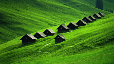 Explore a serene landscape featuring a row of rustic wooden cabins on vibrant green hills. Experience tranquility and natural beauty in this idyllic setting.の素材