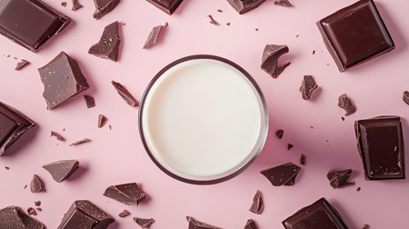 A round glass filled with creamy milk rests in the center, surrounded by broken pieces of rich dark chocolate on a soft pink background, creating a delightful treat.の素材