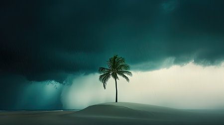 A solitary palm tree stands on a sandy beach as dark storm clouds gather overhead, creating a stunning contrast between tranquility and impending weather.の素材