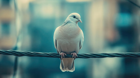 A serene white bird perches on a wire, creating a tranquil scene. The blurred city background enhances the peaceful atmosphere of this beautiful moment in nature.の素材