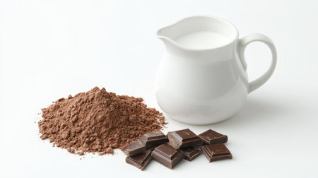 A delightful arrangement showcasing cocoa powder, dark chocolate, and a pitcher of milk, perfect for dessert lovers and culinary inspirations.の素材