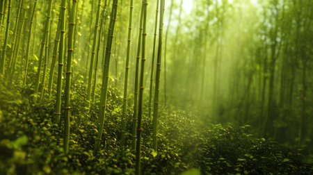 Explore a serene bamboo forest featuring lush greenery and soft lighting. The misty atmosphere creates a tranquil environment perfect for nature lovers.の素材