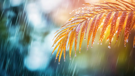 A close-up view of a vibrant tropical leaf adorned with raindrops, set against a softly blurred background. This image captures the beauty of nature during a refreshing rain.の素材