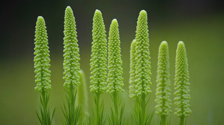 A stunning close-up of green spike flowers standing tall in a lush environment. Captured under soft light, this image showcases the vibrant beauty of nature.の素材