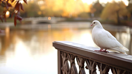 A serene white bird rests on a decorative railing by a tranquil lake, surrounded by autumn colors. The peaceful setting creates a perfect moment in nature.の素材