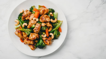 Enjoy a delectable chicken stir-fry featuring vibrant broccoli and bell peppers, topped with crunchy cashews, ideal for a quick and healthy meal at home.の素材