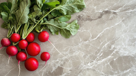 A bunch of fresh red radishes with crisp green leaves displayed on a light marble surface, ideal for showcasing healthy ingredients in culinary creations.の素材