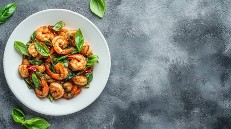 A vibrant shrimp dish featuring fresh basil and sun-dried tomatoes, beautifully plated on a white dish. Ideal for culinary inspirations and food photography projects.の素材