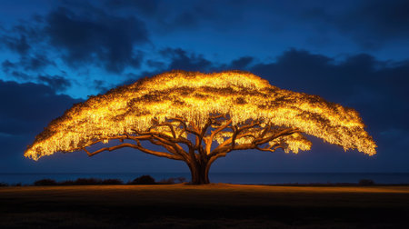 A stunning tree illuminated with bright lights stands against a twilight sky, showcasing a magical blend of nature and artistic design in a peaceful outdoor setting.の素材