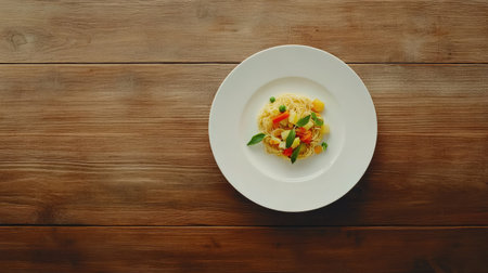 This exquisite plate features a vibrant pasta dish topped with fresh vegetables, beautifully arranged on a white plate set against a warm wooden background, perfect for culinary showcases.の素材