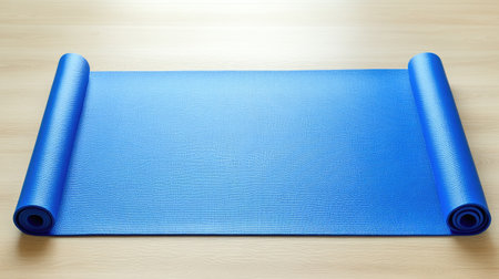 A vibrant blue yoga mat is neatly rolled out on a light wooden floor, providing an ideal setting for fitness, exercise, and relaxation activities in both home and studio spaces.の素材