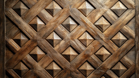 This wooden panel showcases intricate geometric patterns with diamonds and triangles, reflecting exquisite craftsmanship and natural beauty, ideal for interior decoration.の素材