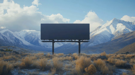 An empty billboard stands in a breathtaking mountain landscape under a blue sky adorned with fluffy clouds, representing an ideal opportunity for advertisers seeking natural settings.の素材