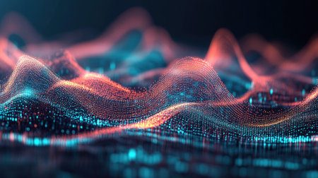 This image features abstract digital waves that create a mesmerizing visual of brightness and motion, representing technology and connectivity in a futuristic design.の素材