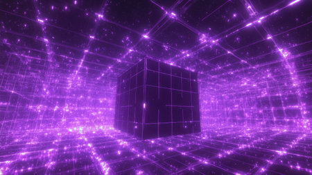 Explore a captivating futuristic space featuring a glowing cube amidst sparkling particles and intricate grids, perfect for technology and sci-fi themes.の素材