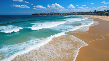 A stunning view of a sandy beach with gentle waves lapping the shore, set against a vibrant blue sky filled with fluffy clouds, perfect for depicting summer relaxation and coastal beauty.の素材