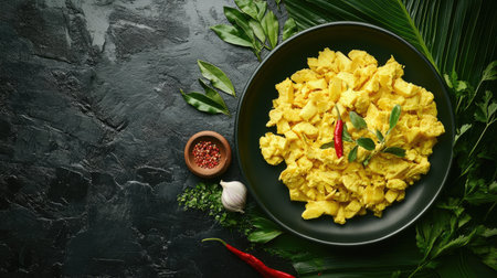 A colorful serving of turmeric-infused chicken curry, garnished with fresh herbs and spices, presented on a sleek dark surface for a stunning culinary visual.の素材