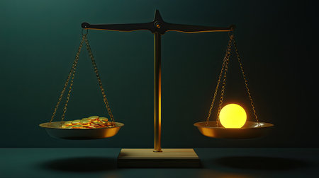 This image illustrates the conceptual balance of wealth and energy, showcasing a scale with coins on one side and a glowing sun on the other in a minimalist environment.の素材