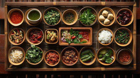 Explore a stunning display of diverse Asian condiments and fresh vegetables arranged in beautiful bowls on a wooden tray, showcasing culinary creativity and vibrant flavors.の素材