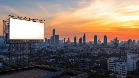 A stunning urban skyline at sunset features an empty billboard against a vibrant sky, perfect for advertising and showcasing city life in a tranquil setting.の素材