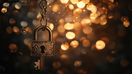 A stunning golden padlock and key are suspended against a mesmerizing bokeh backdrop, symbolizing security and mystery, perfect for concepts of safeguarding and hidden treasures.の素材