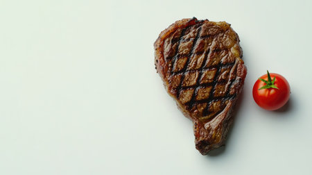 A beautifully grilled steak featuring distinct char marks sits beside a ripe tomato on a white surface, ideal for showcasing culinary delights and appetizing presentations in food photography.の素材