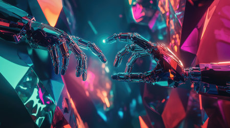 This striking image showcases a futuristic interaction between robotic hands set against a backdrop of vibrant crystals and luminous light effects, evoking themes of technology and innovation.の素材
