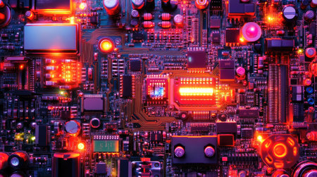 Detailed close-up of a vibrant circuit board, illuminated with dynamic lights, showcasing electronic components in a wave of color that represents modern technology and innovation.の素材