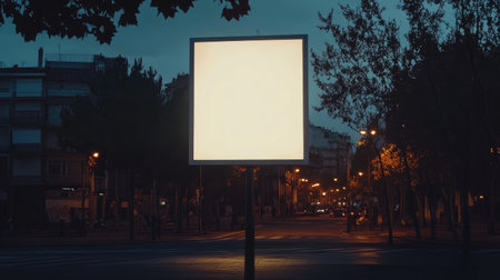 A solitary advertising billboard stands in a quiet urban street at night, surrounded by soft streetlights, evoking a sense of stillness and potential creativity in an empty urban landscape.の素材