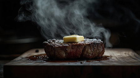 A beautifully grilled steak topped with a melting pat of butter, releasing aromatic smoke, ideal for showcasing culinary artistry and food photography.の素材