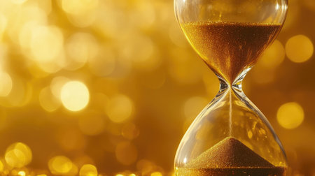 A stunning hourglass showcases golden sand flowing between two glass chambers, beautifully illuminated by a glamorous golden background, capturing the essence of time's elegance.の素材