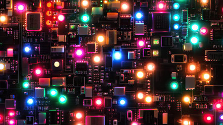 Explore a vibrant abstract circuit board background featuring colorful LED lights. This digital art design symbolizes innovation, technology, and connectivity in a modern aesthetic.の素材