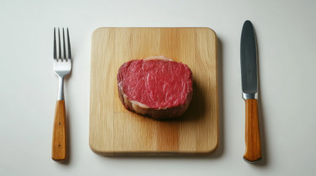 A vibrant raw steak positioned on a wooden cutting board with a knife and fork, ideal for preparing exquisite meals in the kitchen or grilling outdoors.の素材