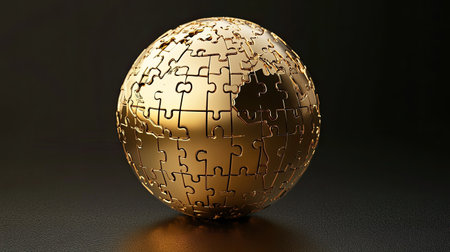 A stunning golden puzzle globe symbolizes global unity and collaboration, showcasing the interconnectedness of ideas and teamwork in a modern, artistic design.の素材
