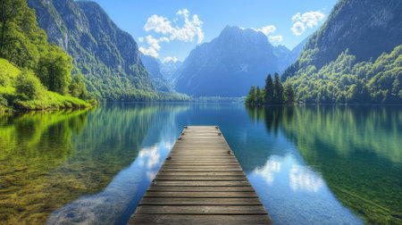 A stunning landscape of a tranquil mountain lake, featuring a wooden pier. This picturesque view showcases vibrant greenery, towering peaks, and a clear blue sky.の素材