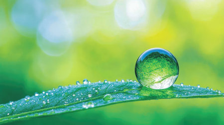 A captivating close-up of a water droplet resting delicately on a green leaf, surrounded by a soft-focused background that highlights the beauty of nature and freshness.の素材