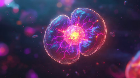 Fascinating digital rendering showcasing a cell in the process of division, with vivid colors and intricate details representing biological structures and dynamic processes in nature.の素材