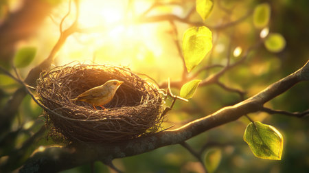 A charming scene featuring a bird perched in its nest, surrounded by soft sunlight and fresh green leaves, capturing the essence of nature's beauty and serenity.の素材