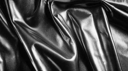 Captivating close-up of shiny black vinyl fabric showcasing fluid pleats and textures, perfect for creative projects in fashion, upholstery, and design applications.の素材