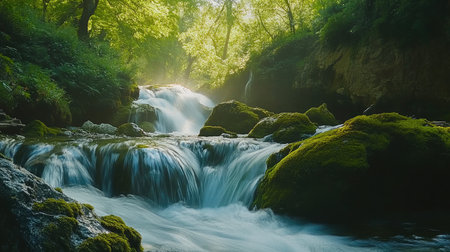 Experience the calm beauty of a serene waterfall surrounded by lush greenery. This stunning landscape captures the essence of nature's tranquility and movement.の素材