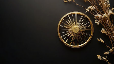 This elegant wall decoration features a gold sunburst design, making a striking statement against a dark background, accented by dried flowers for a sophisticated touch.の素材