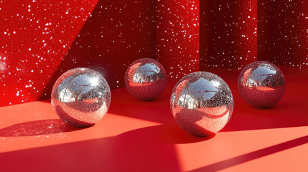 This striking image features shiny silver spheres against a rich red background sprinkled with glitter, perfect for festive and artistic design projects.の素材