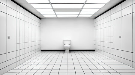 Spacious and well-lit bathroom interior featuring a single toilet. The minimalist design with white tiles creates a clean, bright atmosphere ideal for hygiene and comfort.の素材