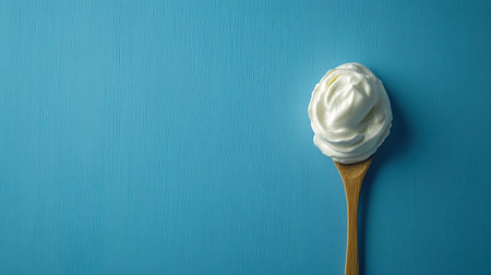 A luscious dollop of whipped cream sits gracefully on a wooden spoon, set against a serene blue background, ideal for showcasing culinary creativity and food styling.の素材