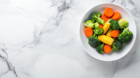 A vibrant assortment of freshly cut broccoli, carrots, and corn sits in a white bowl on a sleek marble surface, showcasing healthy eating and colorful nutrition.の素材