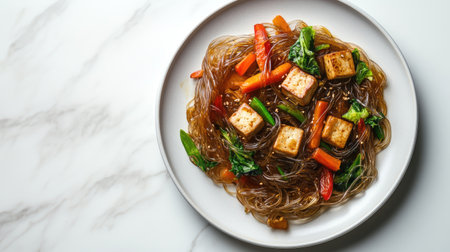 A vibrant dish of stir-fried noodles with tofu and fresh vegetables, beautifully arranged on a marble surface. Perfect for showcasing healthy and delicious meals.の素材