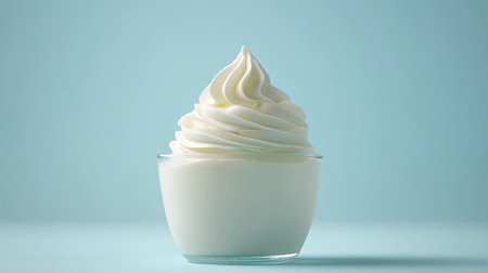 A delightful serving of creamy soft serve ice cream elegantly swirled and served in a clear glass cup against a soft light blue backdrop, perfect for capturing attention.の素材