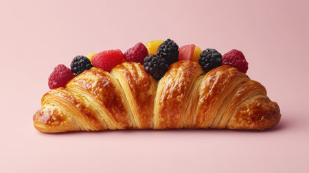 A golden croissant topped with vibrant fresh berries and citrus pieces. This delightful pastry offers a perfect blend of flavors for breakfast or dessert.の素材