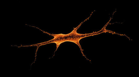 Explore a mesmerizing close-up view of a neuron cell showcasing its intricate dendrites in striking electric orange, perfectly contrasted against a dark background.の素材