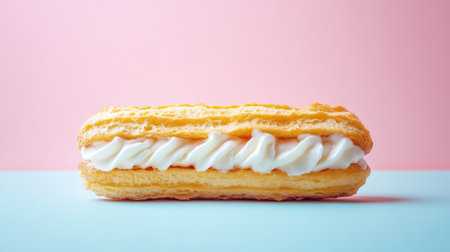 This delightful cream-filled pastry sits on a colorful background, showcasing its light texture and delicious filling, perfect for dessert lovers.の素材
